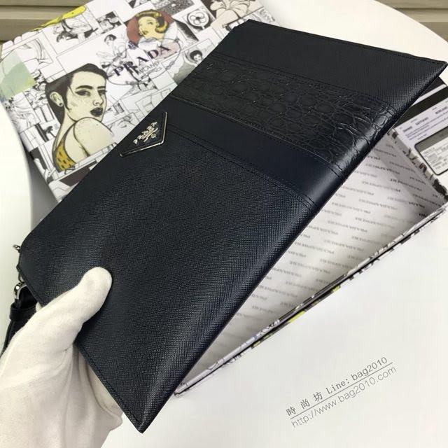 prada手包 普拉達新款皮革手拿包 2NH005 PRADA十字紋牛皮深藍手拿包  pyd2250